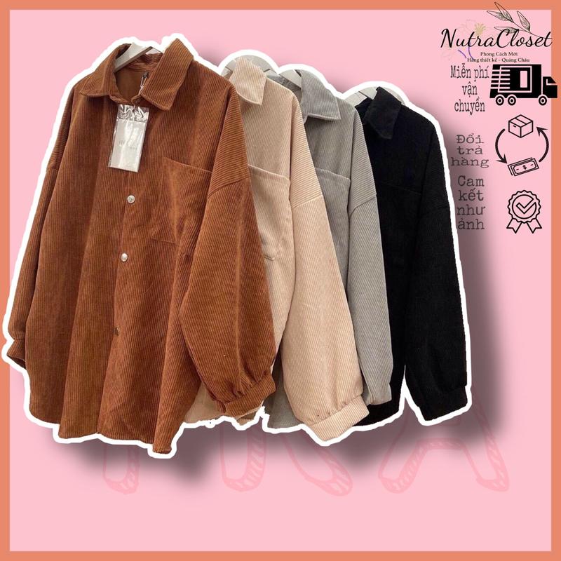 Áo khoác dáng sơmi kaki nhung gân nút bấm basic nam nữ