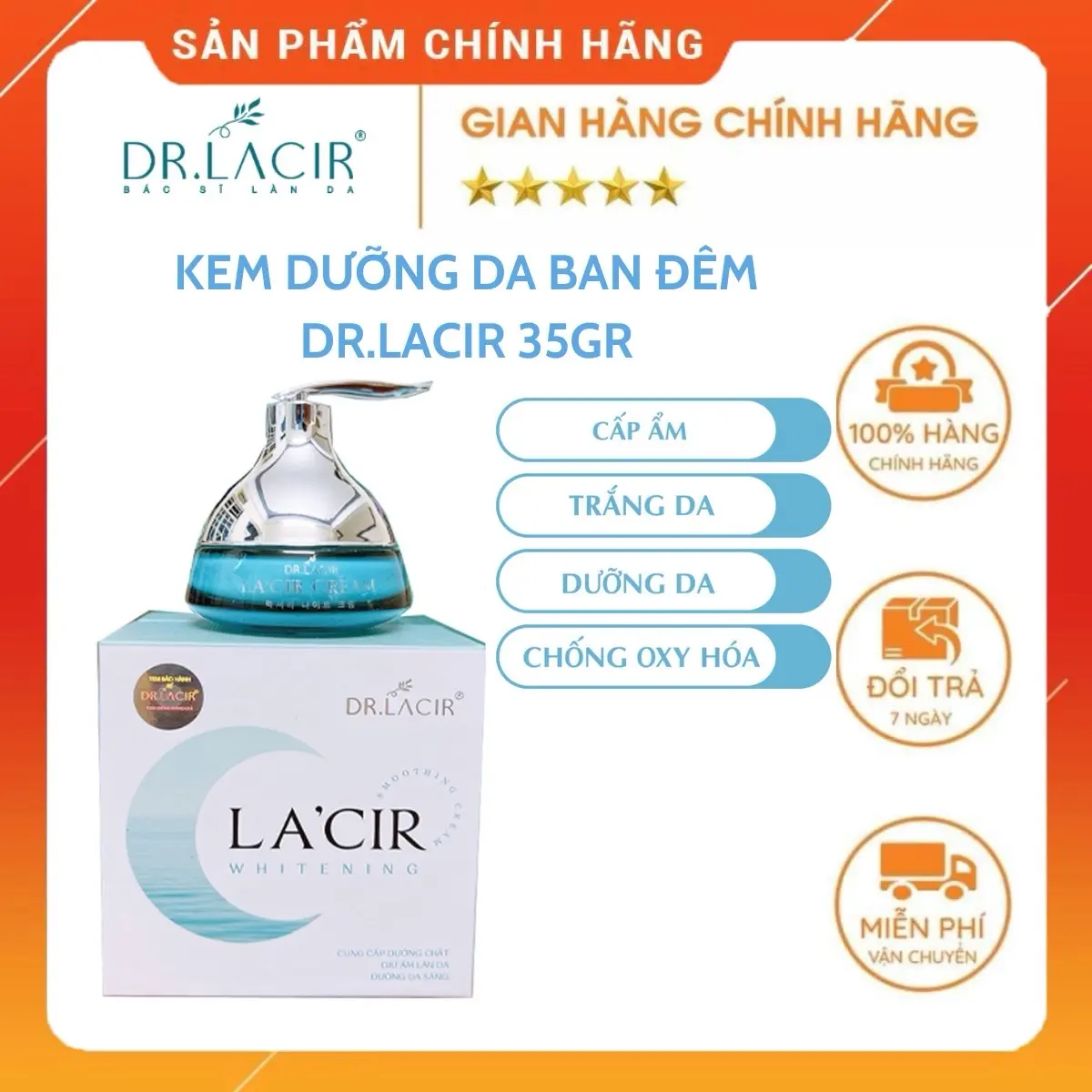 Kem dưỡng da ban đêm Dr.Lacir 35g Lacir Whitening Smoothing Cream dành cho da khô bong tróc, da lão hóa, chảy xệ, da xỉn màu, thâm nám