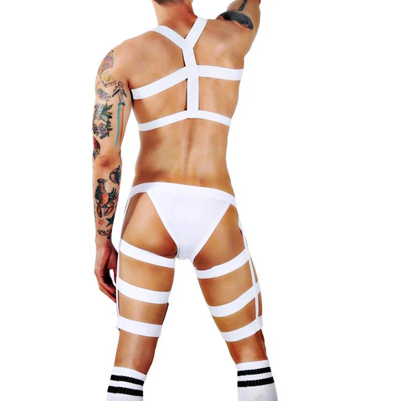 Product Introduction of Male Erotic Fetish Costume Strap Lingerie Body Harness Stockings Sexy Mens Jockstrap Thigh Suspender Briefs with Bandage Belt 8