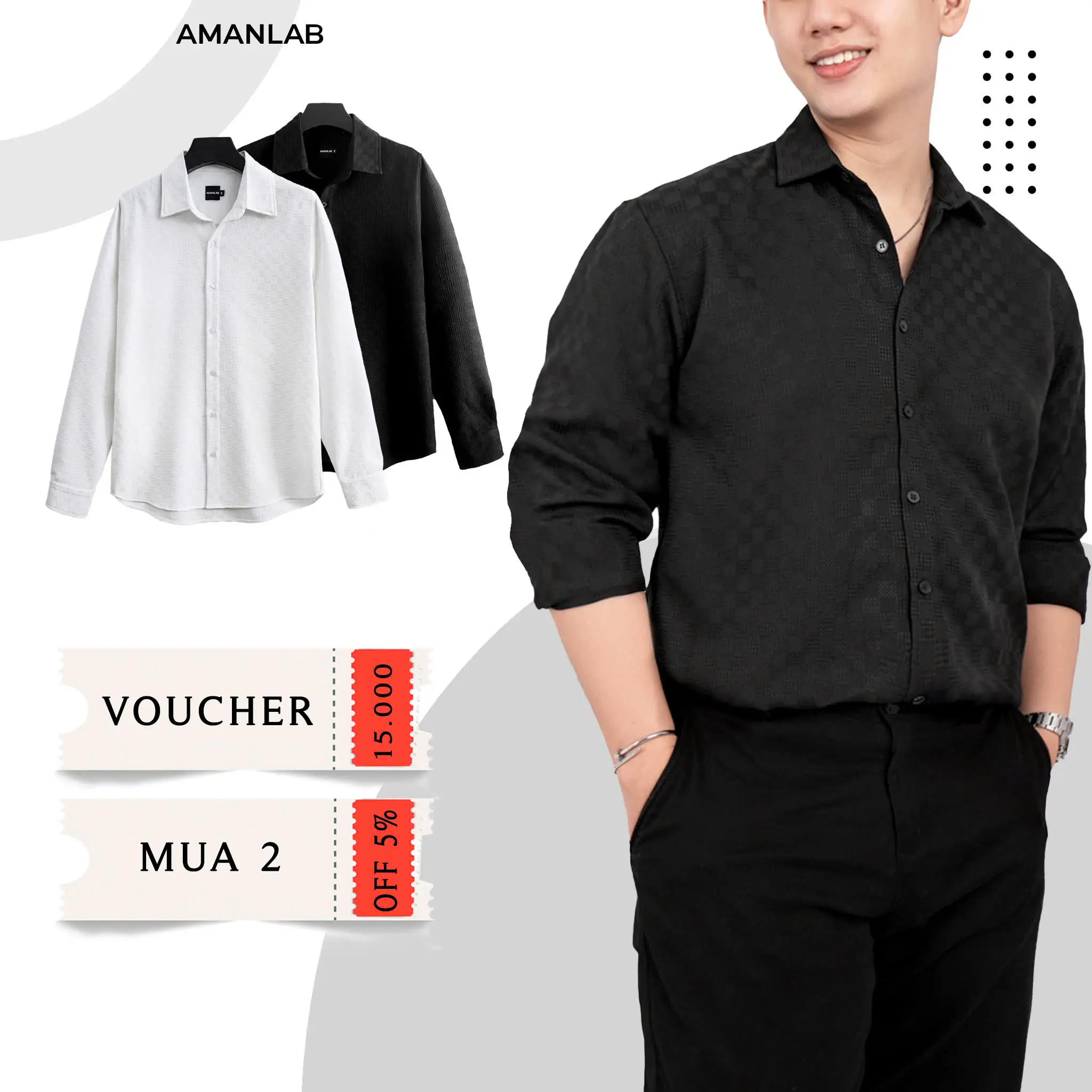 Áo sơ mi nam dài tay chất vải cotton dệt hoa ô vuông form regular LONGFATIC