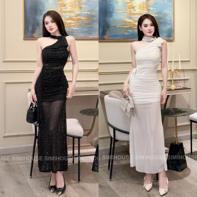 (SIMI HOUSE) Váy body yếm lưới đá bling lệch vai dáng dài / ĐẦM BODY YẾM LỆCH VAI ĐÁ BLING sang trọng