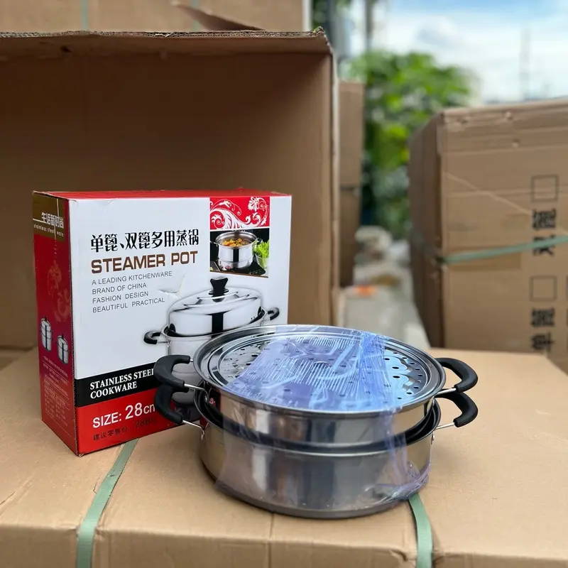 ￼Nồi Hấp Inox 3 Tầng 28CM Tặng Kèm Xửng Hấp, Nồi Hấp Bánh Bao Bánh Flan Hấp Thức Ăn Dùng Cho Cả Bếp Từ Và Bếp Ga nồihấp  3 noihap 3 nồi  chiên 6