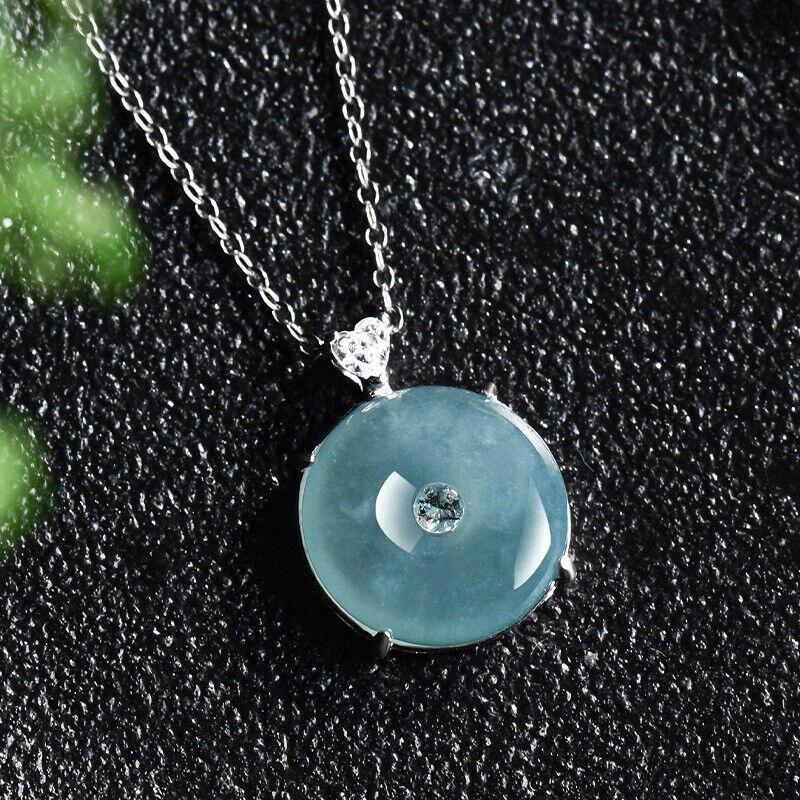 S925 silver inlaid with natural A jadeite blue water safety buckle ice jade pendant pendant necklace men's and women's pendant 3
