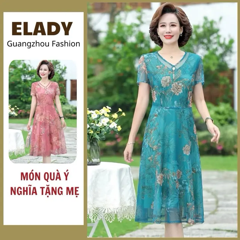 Đầm trung niên ELADYSHOP [M919] , váy trung niên cho mẹ dự tiệc cao cấp chất vải voan 2 lớp đẹp nhẹ, mịn mát co giãn 4 chiều