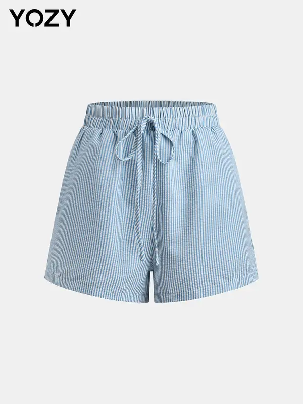 YOZY  Striped Print Drawstring Waist Elastic Waist Pocket Shorts, Casual Elastic Waist Straight Leg Shorts, Women's Summer Shorts for Daily Wear 0