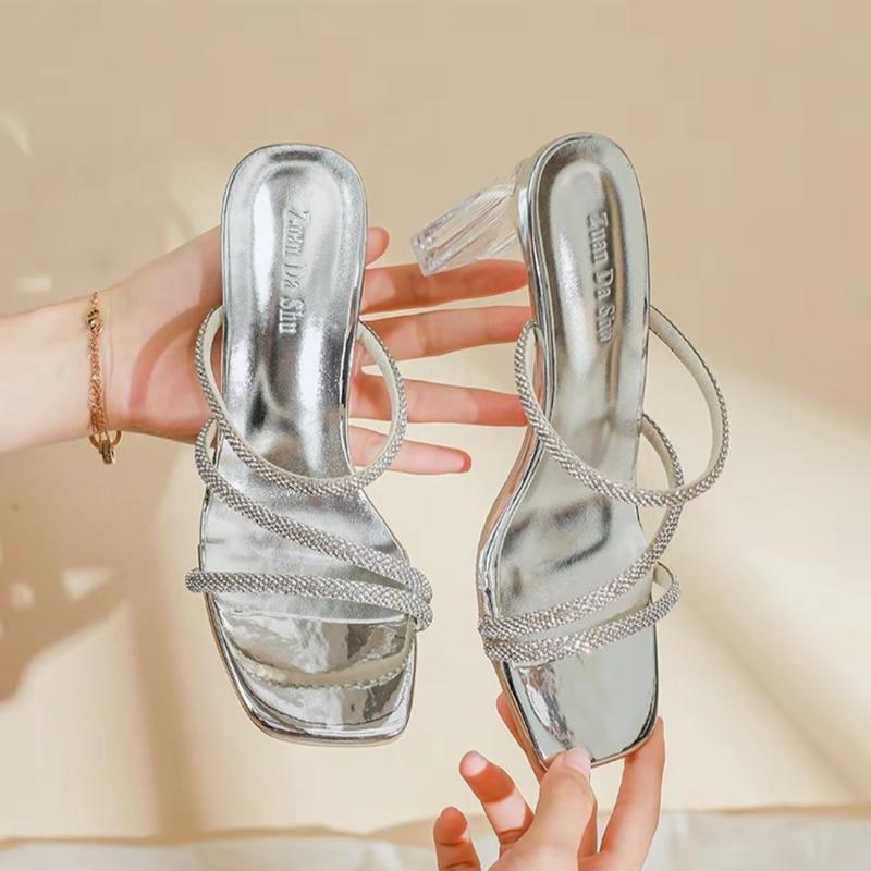  BigSize 35-45 Đ2T ms52 Giày Cao Gót Nữ 7 phân Quai 3 Dây Đá Sáng Gót Trong Sang Trọng Có 3 Màu Đen bóng ,Vàng và Bạc Sandal 