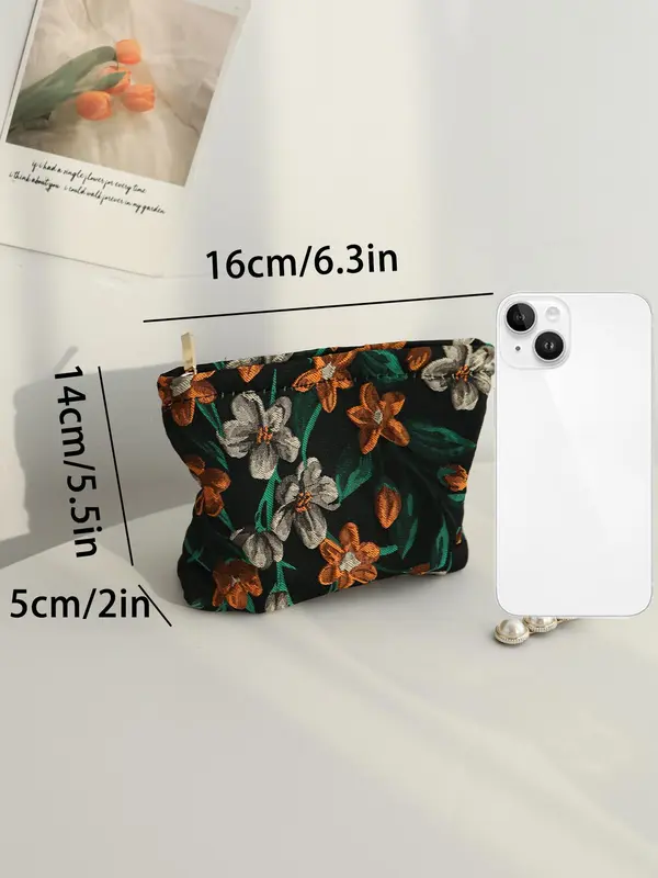 Floral Pattern Patched Design Makeup Bag, Portable Cosmetic Storage Bag, Makeup Organizer Pouch, Versatile Storage Bag for Travel, Outing, Daily Use 1