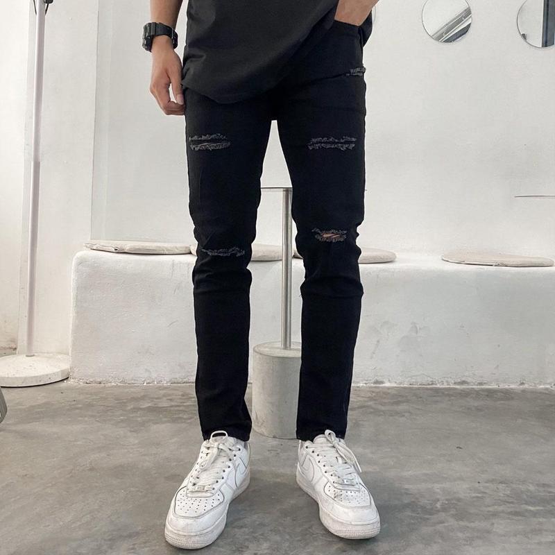 Quần jeans đen rách gối nhiều nam co giãn tốt dáng slimfit skinny phom ôm hà nội hcm Menswear Có Túi Pants 2