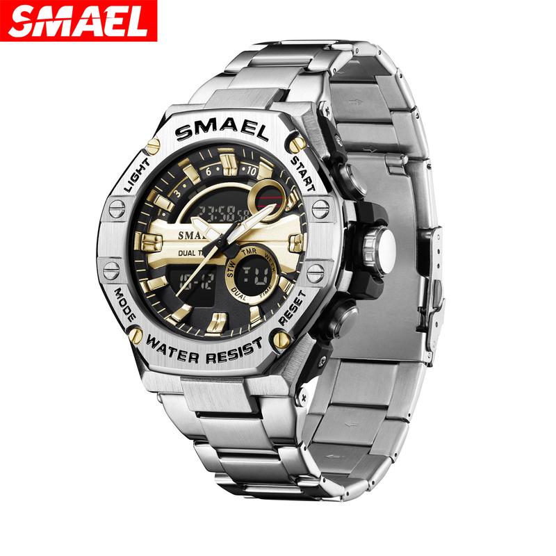  Đồng hồ nam SMAEL 8090 thép chống rỉ chống nước 50M hiển thị 2 chế độ Analog-Kỹ thuật số bấm giờ hiển thị ngày tháng Đeo Tay Watch máy nhật bản 