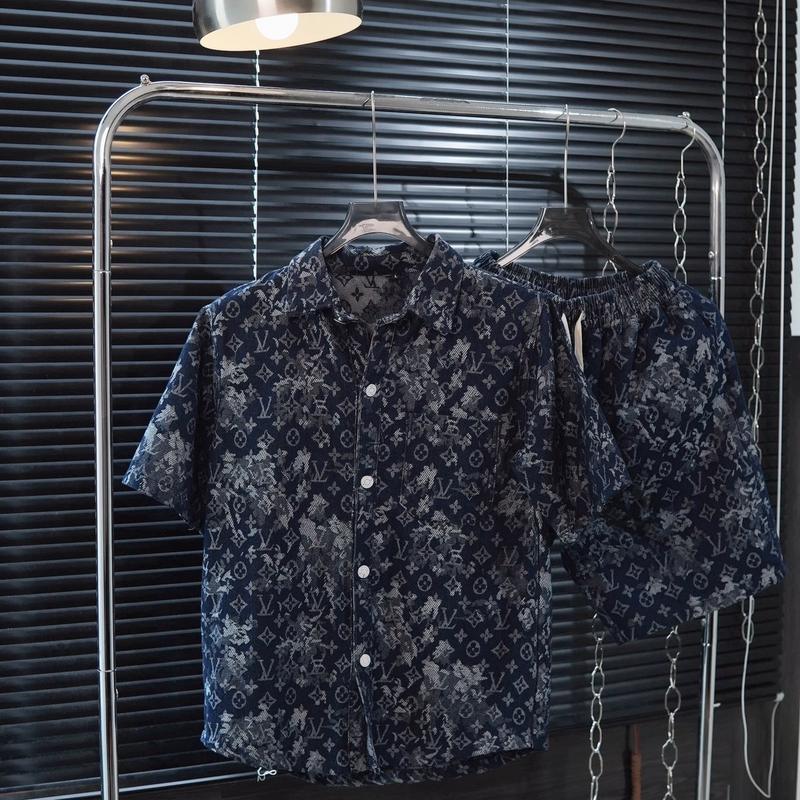 Set Bộ Jean Denim Cộc Tay Nam Sơ Mi Thiết Kế Họa Tiết Loang - Quần Áo Bò Cộc Tay Bản Dây Rút Thắt Đẹp Menswear set nam