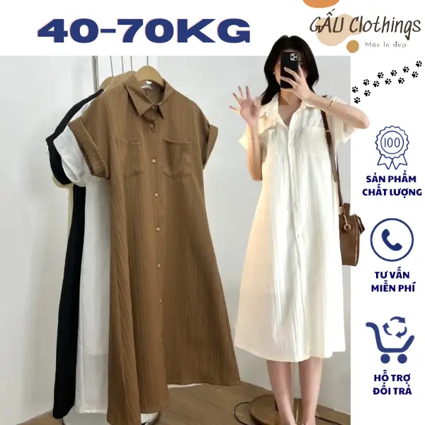 Váy sơ mi nữ tay hến 2 túi trước kèm váy 2dây váy sơ mi dáng dài chất liệu đũi gân 4 màu 3 size 40-70kg Gauclothings