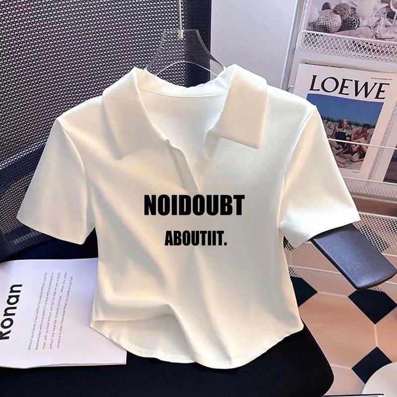 Product Introduction of [2281 Favorites] White Polo Collar Printed Short Sleeve T-Shirt for Women Summer Irregular V-Neck Pure Desire Style Sweet Hot Girl Short Top Womenswear Lingerie Comfort Casual Heart Love 13