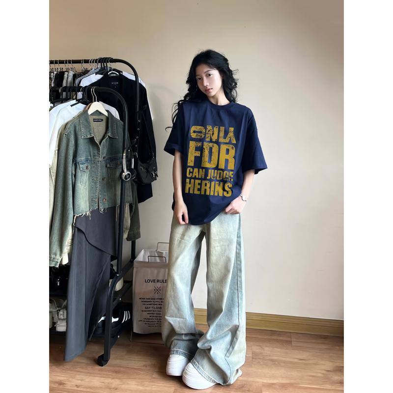 Product Introduction of Đường phố Mỹ in lỏng lẻo màu đỏ Lady ngắn tay áo T-Shirt Top oversize áo phông unisex 22