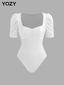 YOZY Women's Solid Sweetheart Neck Ribbed Bodysuit, Casual Comfy Short Sleeve Bodysuit for Daily Wear, Ladies Clothes for All Seasons