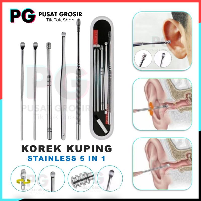 Korek Kuping 5 in 1 alat pembersih telinga Dewasa membersihkan kotoran ear cleaner anti karat aman 0