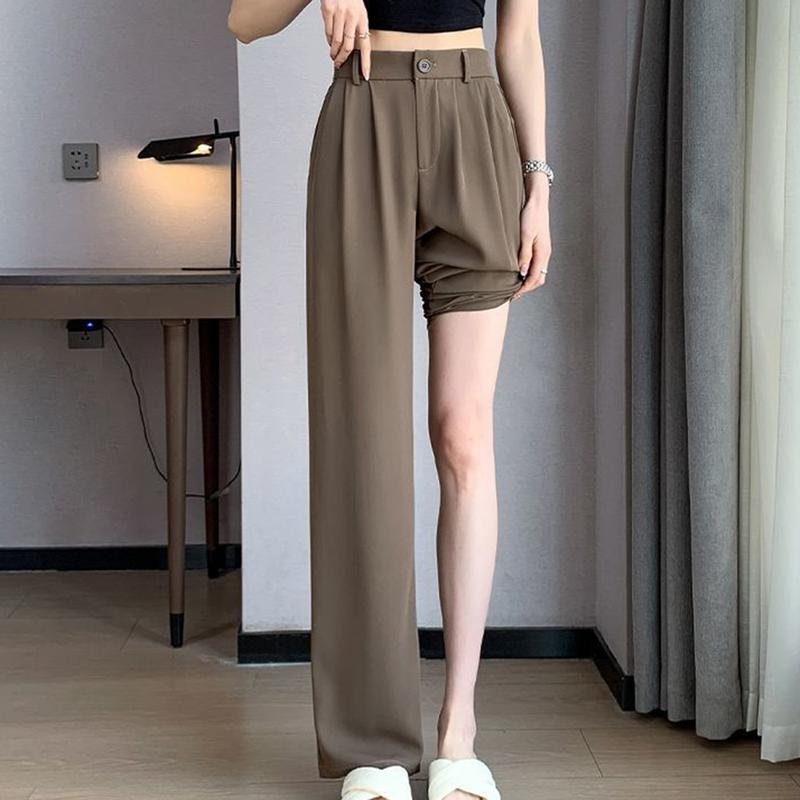Women Suit Pants with Side Pockets High Waist Solid Color Wide Leg Commuter Pants Button Zipper Closure Loose Full Length Pants for Daily Wear Travel 7