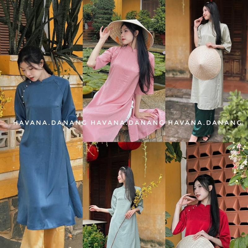 Áo dài cách tân nữ lụa trơn đính cúc ngọc trai kèm quần phối màu 2024 HAVANA AD05