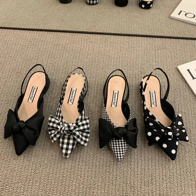 Women's Pumps Fashion Pointed Toe Bowknot Slingbacks Pumps Plaid Polka Dots Heels Slip-on Small Heel Sandals Casual Thin Shoes Footwear Girl