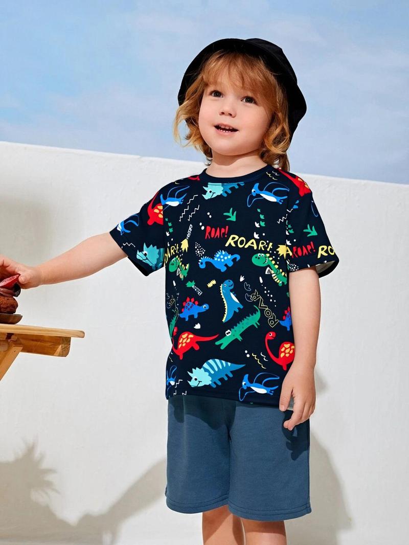 Product Introduction of Boy's Cartoon Dinosaur Print Round Neck Tee, Cute Casual Short Sleeve T-shirt for Daily Wear, Kids Clothing for All Seasons 1