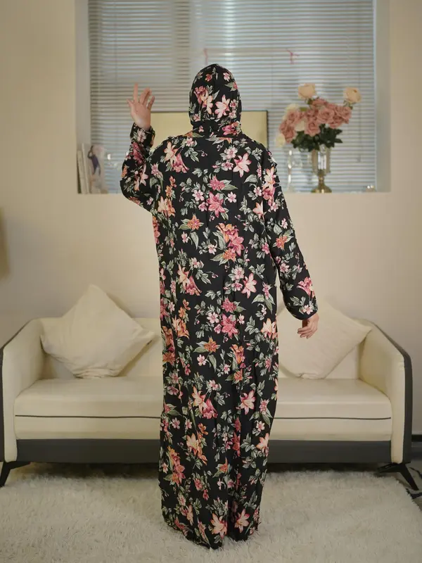 Women's Floral Print Contrast Lace Hooded Tunic Dress, Modest Outfits, Elegant Long Sleeve Long Muslim Womens Clothing for Daily Wear, Ladies Clothes for All Seasons 1