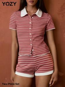 YOZY Two-Piece Set Women's Striped Print Short Sleeve Tee & Shorts, Casual Round Neck T-shirt & Shorts, Summer Clothes Set for Ladies Outdoor Holiday, Womenswear