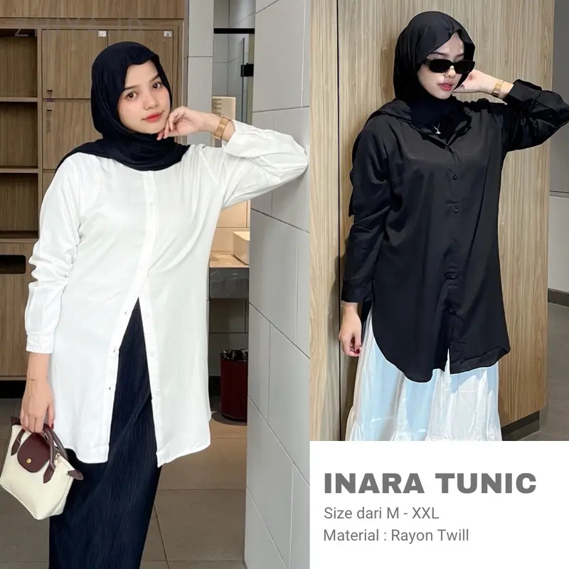 Inara Tunic Kemeja Tunic Bahan Rayon Twill Size Lengkap Putih Putih Polos Polos Polos Polos Polos Polka Dot 0