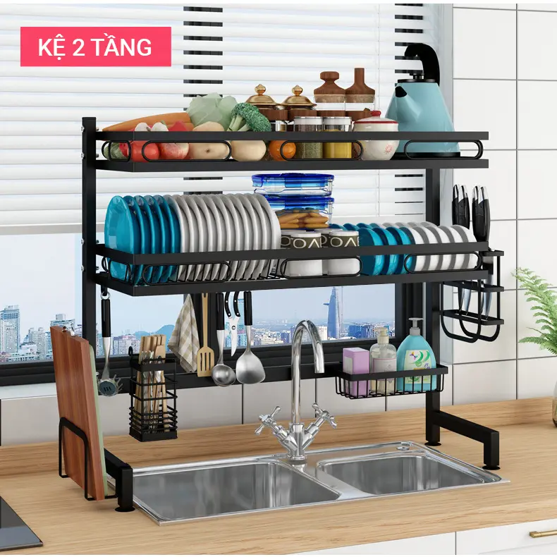 Kệ Để Chén Đĩa Thông Minh chính hãng Vando Trên Bồn Rửa Bát Sơn Đen Cao Cấp Kitchen tudung chenbat 2