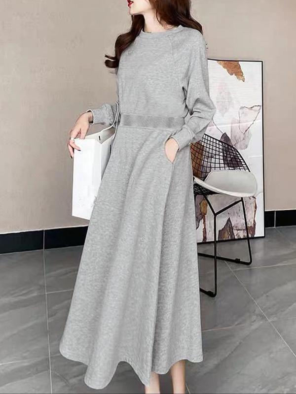 Women's Plain Pocket Raglan Sleeve Dress, Casual Long Sleeve Round Neck Dress for Fall & Winter, Women's Clothing for Daily Wear 0