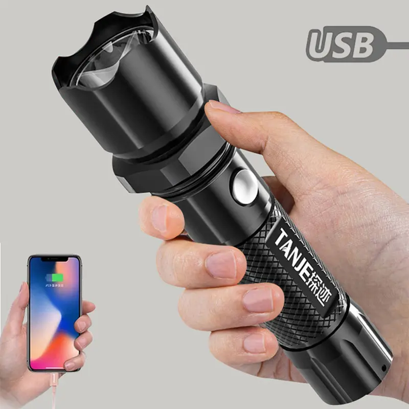 Đèn Pin Led Lấy Nét Sáng Mạnh Mẽ, Đèn Pin Sạc Lại USB Di Động Cho Gia Đình Và Ngoài Trời, Có Thể Thu Phóng, Không Thấm Nước, P-Ong B-ank 0