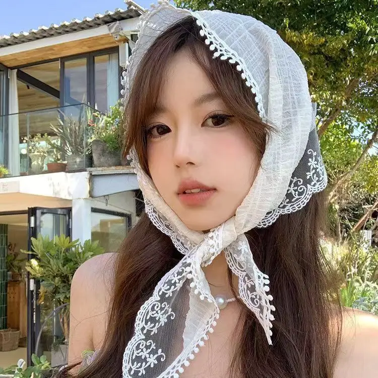 Idyllic Girl Hair Band Headband Headscarf White Flower Lace Triangle Shawl Hair Band French Closed Toe Fashion Silk Scarf Thin Hair Band