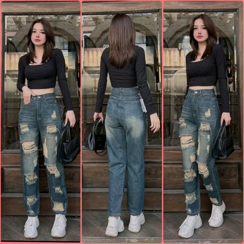 (S-XL) Quần Baggy Jean Lưng Cao Nữ, baggy jean rách xanh rêu vàng tối tông màu bụi Pants Women quần dài 95cm chất jean cotton mềm không giản. 3400