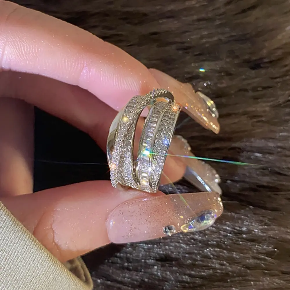 Geometric Silver Zircon Ring Fashion and Elegant Multi Layered Line Open Ring Women's Exquisite Index Finger Ring