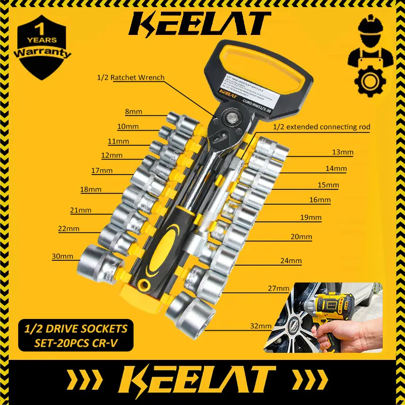 KEELAT 20pcs Ratchet Wrench Kit 1/2" Chrome vanadium Socket Wrench Set Spanner Tool Hardware Repairing Kit Extension Bar