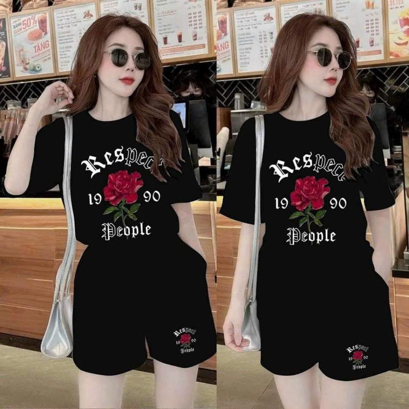 Set bộ đùi nữ mặc nhà chất cotton su phom rộng áo phông quần đùi bộ thun mùa hè in hoa đỏ đồ macnha ngủ 2