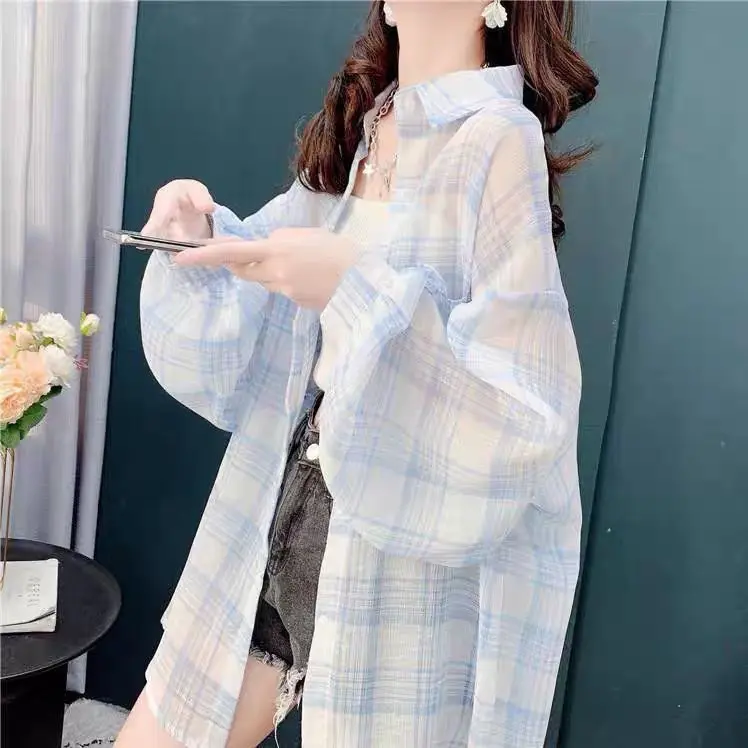 Áo Sơ Mi Kẻ Sọc Chống Nắng Mỏng, Dành Cho Nữ, Dài Trung Bình Áo Cardigan Điều Hòa Không Khí Thường Ngày Dáng Rộng Rãi, Thoáng Khí, Hàng Mới Về Mùa Hè 2024