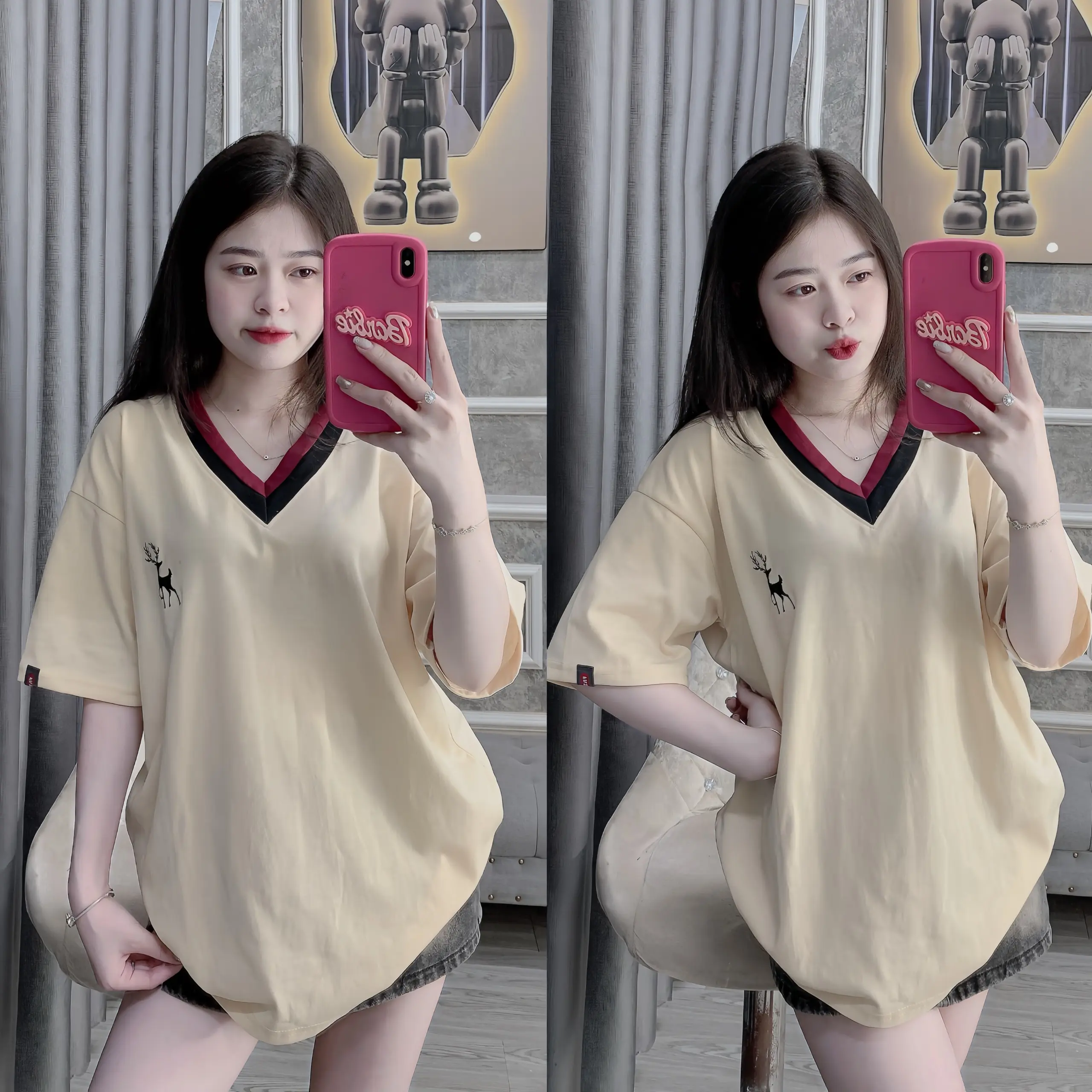 Áo Phông cotton 3158- cổ tim thêu hươu kèm tang thêu tay ( Free size 40-70kg )