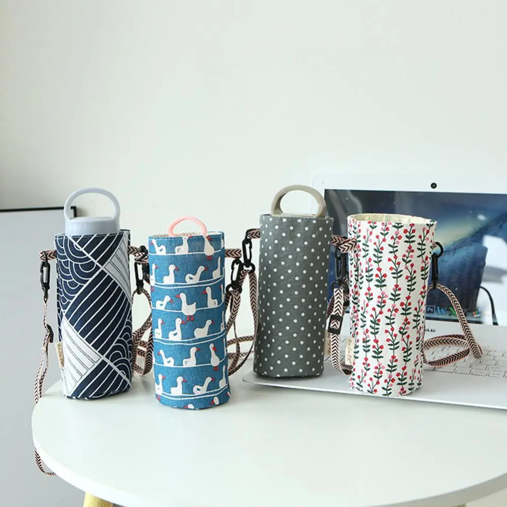 Water Bottle Storage Bag Canvas Portable Water Bottle Holder Cute Cup Cover With Strap Insulator Sleeve Bag