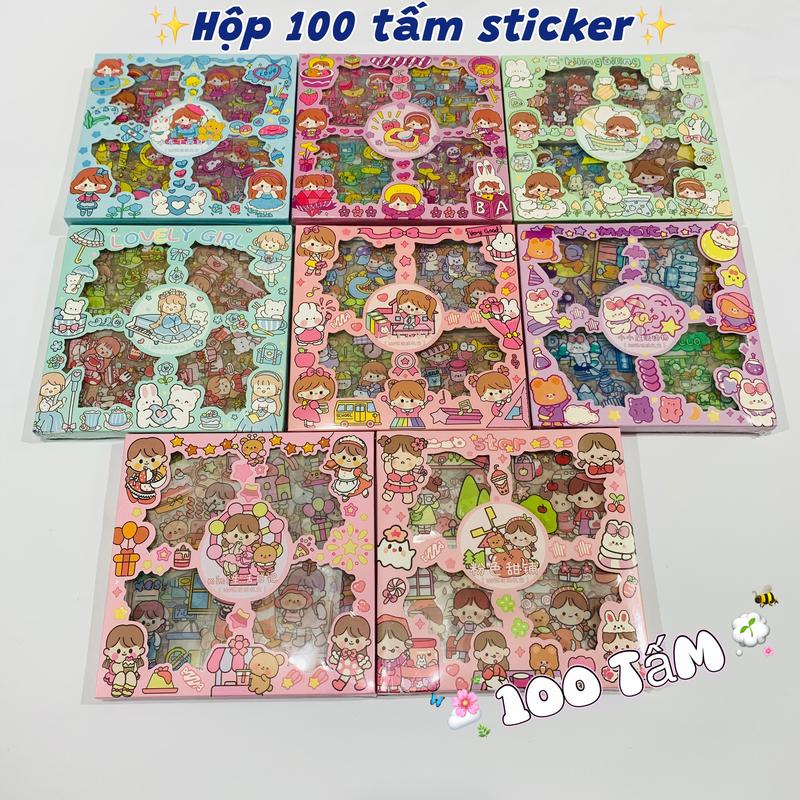 Hộp 100 tấm sticker cute dễ thương,set sticker trang trí dán tập vở, bình nước, bút nước thiết kế đơn giản tiện dụng