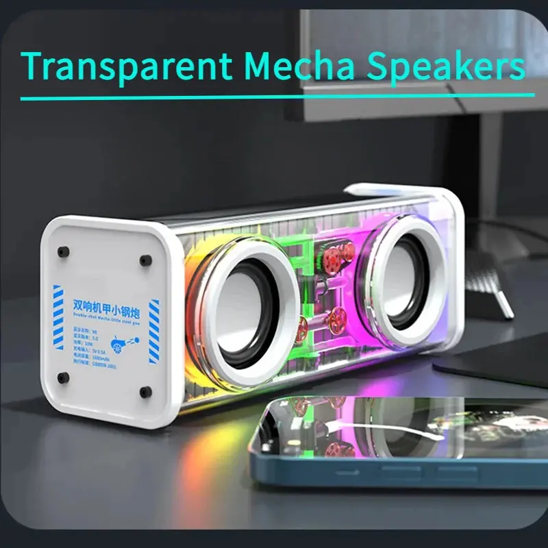 Loa Mecha Trong Suốt, V8, Bluetooth 5.0, Không Dây, Bass Đôi, Loa Siêu Trầm Màng Loa, Âm Nhạc TWS, Đèn RGB, Loa Tiệc Mini 0