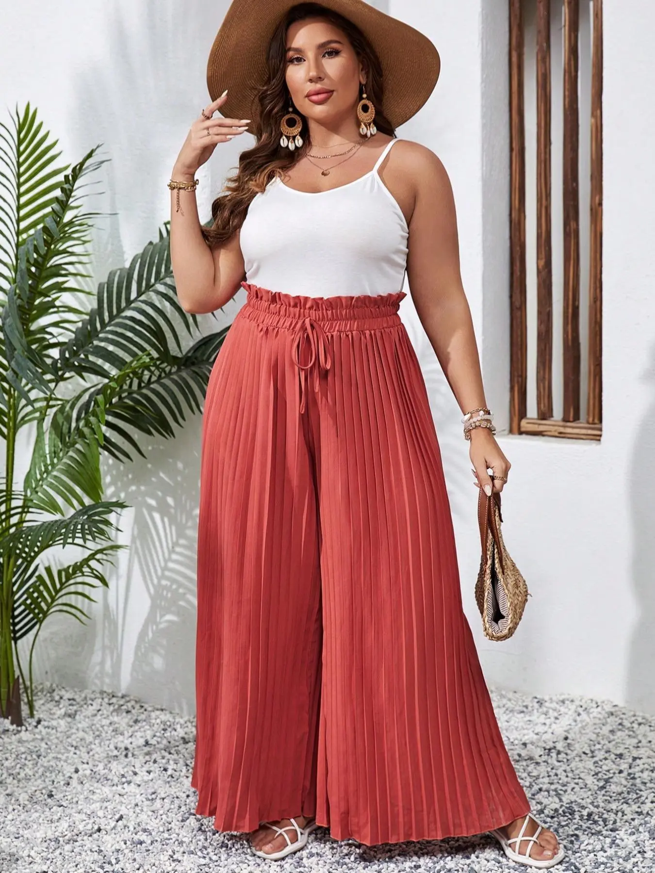 Plus Size Bow Front Paper Bag Waist Wide Leg Pants, Casual High Waist Pleated Pants for Summer, Women's Bottoms for Daily Wear