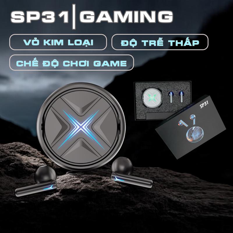 Tai Nghe Bluetooth Gaming TWS SP31 Vỏ Kim Loại, Bluetooth 5.3, Âm Thanh Đỉnh Cao, Pin 6h, Chống Nước IPX4, Cảm Biến Vân Tay, Nghe Nhạc, Chơi Game Earphone Nhét Tai