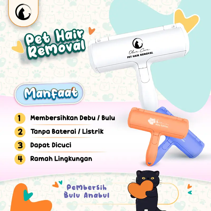 Olive Care Pembersih Bulu Kucing/Anjing PET HAIR REMOVAL yaitu Lint Roller Portable Jangka Panjang (Lifetime Use) untuk Pembersih Baju/Pakaian, Sofa, Tempat Tidur dll 3