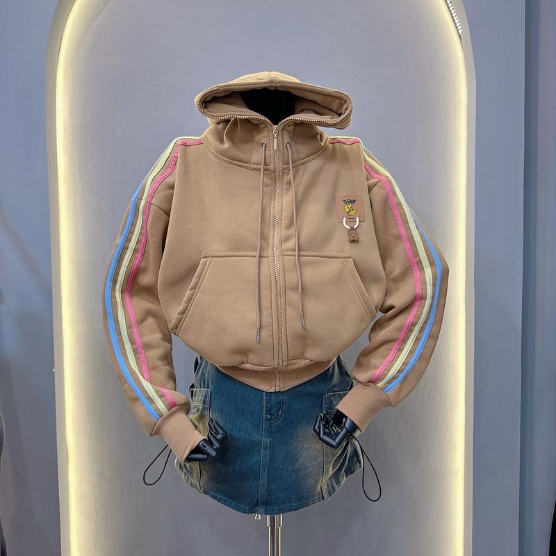ÁO KHOÁC 3 SỌC THÊU LOGO GẤU 6 TÚI - nón to - dây kéo cao - xỏ ngón tay - size từ 38kg-65kg Nữ Jacket Women Top Nhung thông thường thường 4