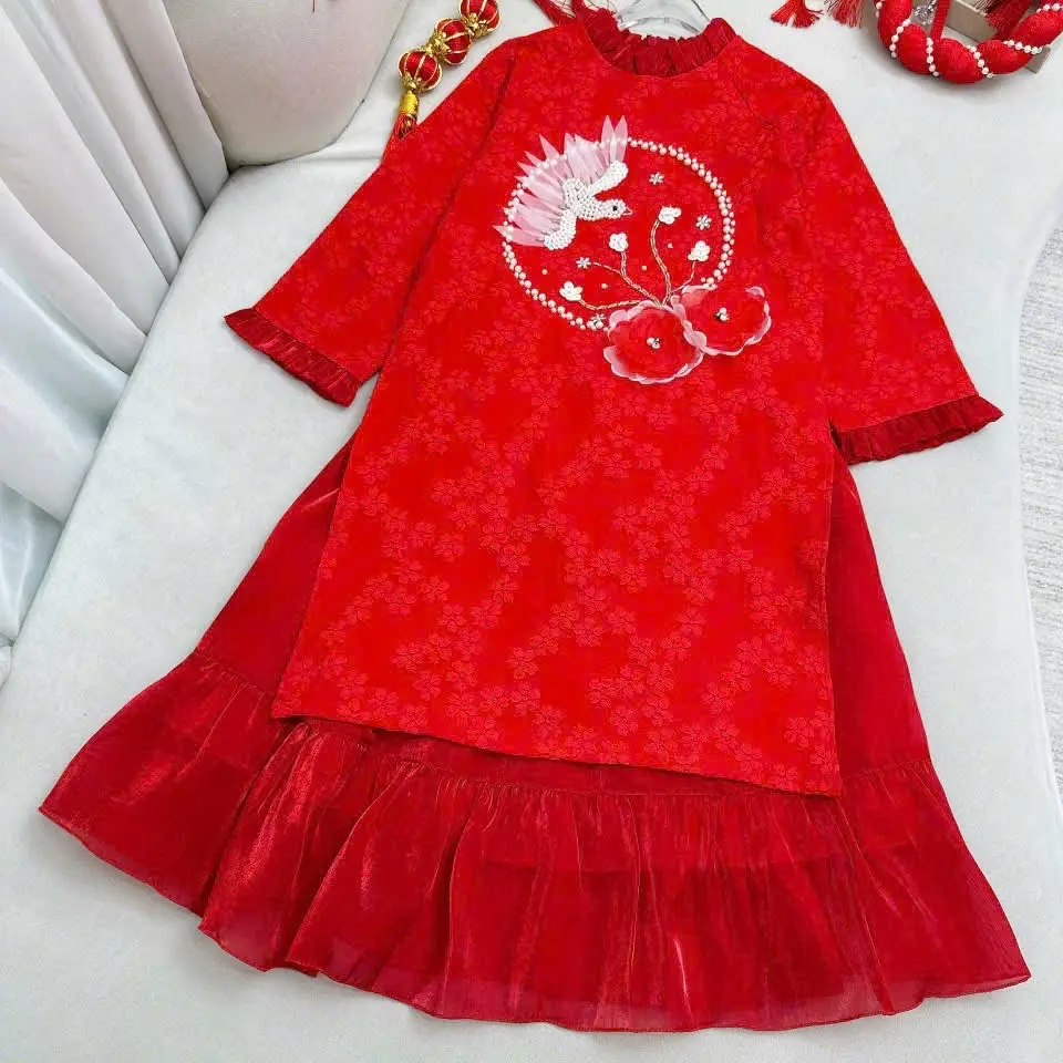 Áo dài trẻ em hoạ tiết thêu chim từ Xưởng sản xuất gấm xốp
