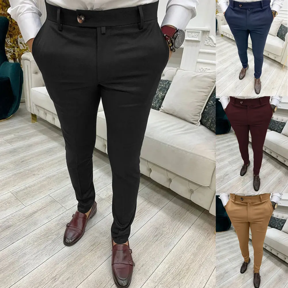 XS-3XL Men Pants Chino Slack Spring Summer Autumn Casual Korean Office Work Slim fit Long Outfit Plus Size Black Khaki White Red Blue Grey Coffee