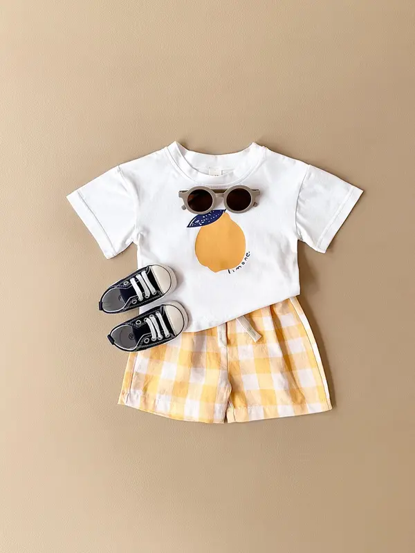 Baby's Fruit Print Tee & Shorts Two-piece Set, Casual Short Sleeve T-shirt & Shorts for Pretty Little Baby Daily Wear, Infant Toddler Kids Summer Clothes, Baby Clothing, Baby Girl Clothes, Newborn Gift Set 2