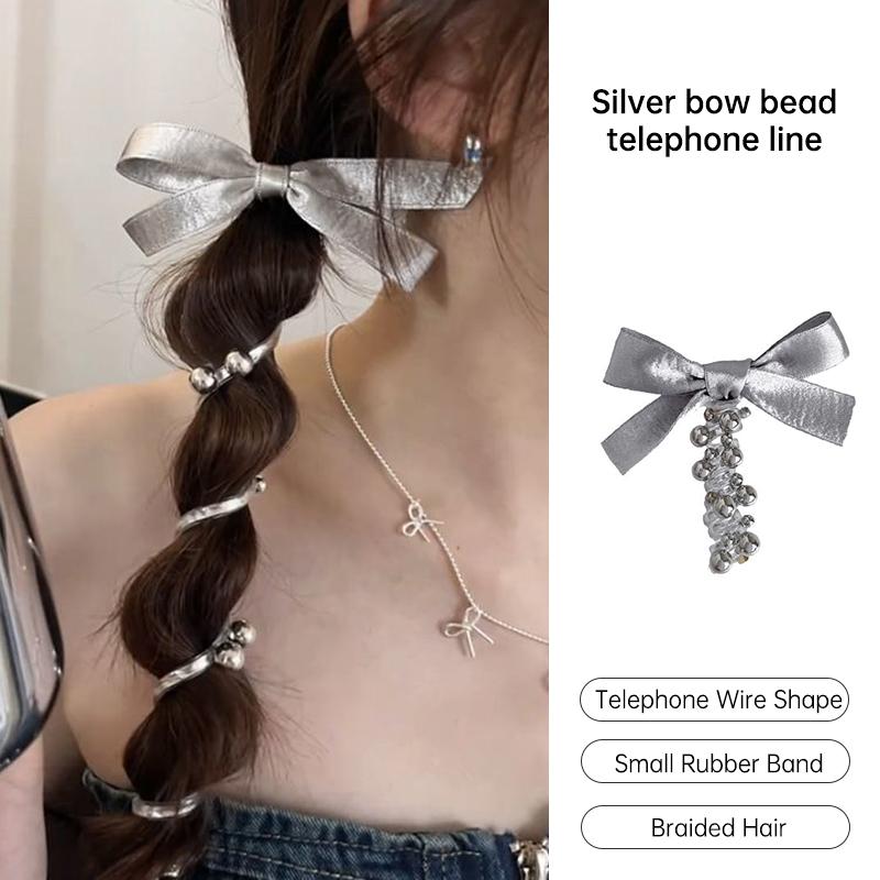  Dây điện thoại hạt nơ bạc Dây tết tóc bong bóng Dây buộc tóc đuôi ngựa 