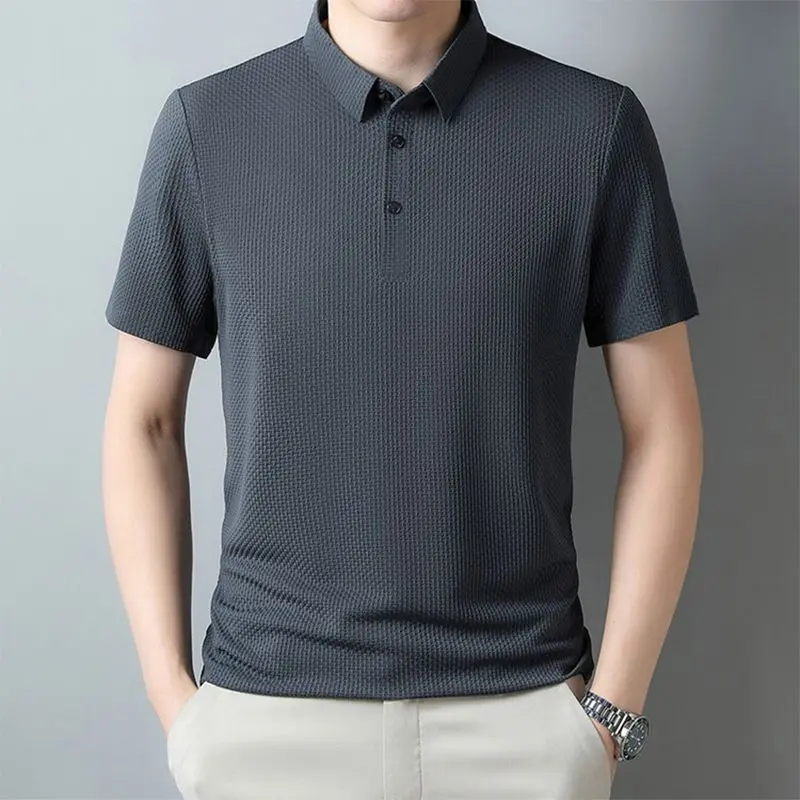 Áo Thun ngắn Tay Lụa Lạnh ngắn Tay, Dành Cho Nam Trung Niên, Mặc Mùa Hè, Mỏng, Trang Phục Của Bố, Ve Áo, Áo Polo Công Sở Thường Ngày, Chọn Rò Rỉ, 2024 Menswear Cộc Tay Có Cổ Shirt