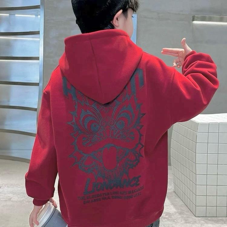 [22-50KG] ÁO NỈ HOODIE ĐỎ DÀI TAY CÓ LÓT LÔNG DÀY ẤM IN HOẠ TIẾT LION, ÁO MẶC TẾT, ÁO MŨ DÀY ẤM 1