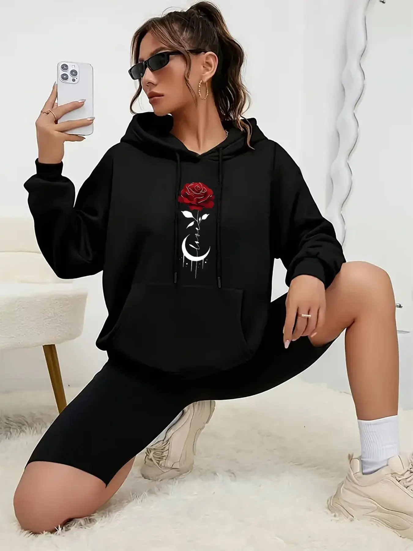 【Plus Size】 Rose & Moon Print Drop Shoulder Long Sleeve Hoodie, Fashion Casual Drawstring Pocket Hooded Sweatshirt for Daily Holiday Outdoor Wear, Women Clothing for Fall & Winter